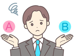 A案とB案を悩むスーツの男性（肌の色あり）