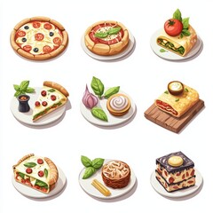 Food icon isometric concept. A colorful assortment of various dishes, including pizza, pasta, and desserts, arranged in a grid, highlighting a variety of delicious food options.