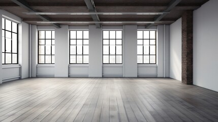 Fototapeta premium Spacious Loft Interior with Large Windows and Wooden Floor