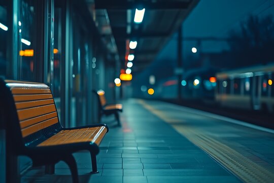 Empty train station platform with benches at night, urban transport and public transportation - Powered by Adobe