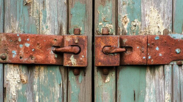 A weathered, turquoise wooden door is secured by a rusted metal latch.