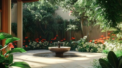 Fototapeta premium Beautiful garden courtyard with a fountain, plants, and red & white flowers.