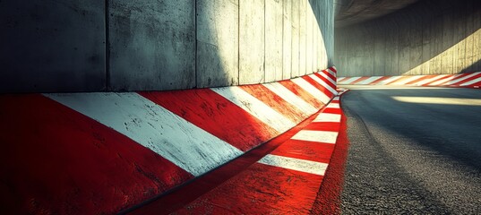 Asphalt Racing Track with Red and White Kerbs, Bathed in Sunlight, Concrete Walls Framing the Turn