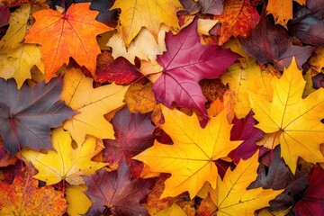 Colorful Autumn Maple Leaves Pile on Ground, Top View. Autumn Background
