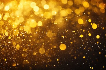 Abstract gold glitter bokeh on dark backdrop create magical, dreamy effect. Perfect for overlays to add holiday, glamour, and festive touch.
