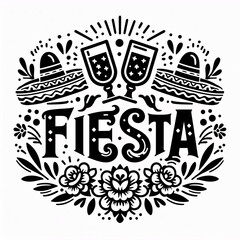 black and white typography with the word fiesta and the image of sombreros and tequila glasses