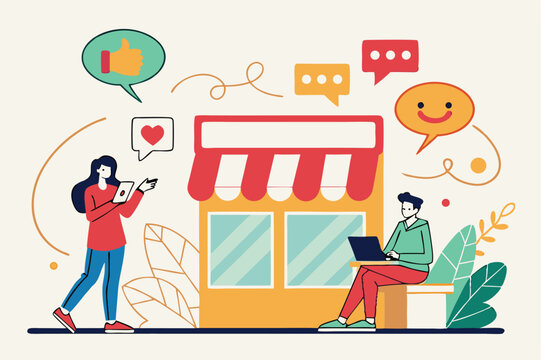 A colorful and engaging illustration of a brand interacting with its audience through social media. It features a lively digital space where a community of diverse users is engaging in discussions, le