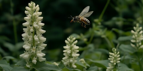 Honeybee in Flight Near White Lupine Flowers Nature Scene eco bloom plant macro image