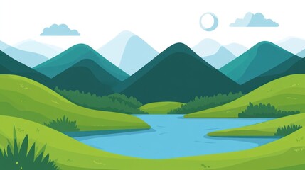 Serene mountain lake landscape; idyllic nature scene for travel brochures