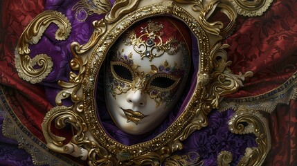 Fototapeta premium Luxurious Venetian Mask with Ornate Gold Embroidery in Rich Red and Purple Velvet Frame Design