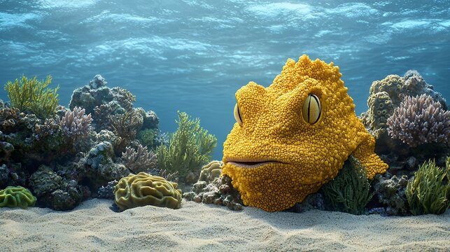 Pixelated Yellow Toadfish In Vibrant Underwater Scene