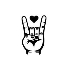 Fototapeta premium Love and Rock Hand Gesture Icon, Black and white illustration of a hand making the rock-on gesture with a heart symbol above, symbolizing love and music.