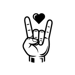 Obraz premium Love and Rock Hand Gesture Icon, Black and white illustration of a hand making the rock-on gesture with a heart symbol above, symbolizing love and music.