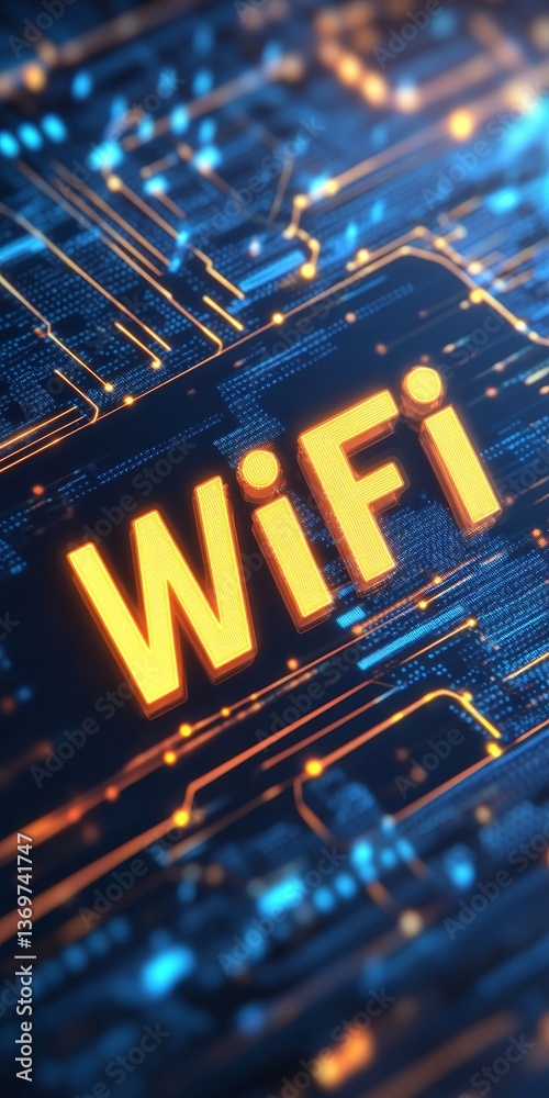 Poster wireless technology concept of wifi network connectivity with illuminated text on circuit board
