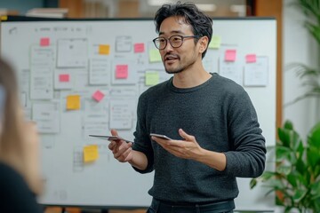 asian ux developer and ui designer presenting mobile app interface design on whiteboard in meeting at modern office.Creative digital development mobile app agency.digital