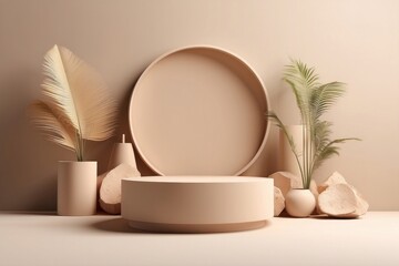 ylinder pedestal podium with vertical curtain backdrop. Luxury brown minimal wall scene for cosmetic product display presentation