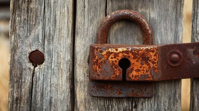 A weathered wooden door secured by a rusted metal padlock