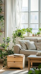 Fototapeta premium Cozy Indoor Oasis A Living Room Brimming with Lush Greenery and Natural Charm isolated on white background