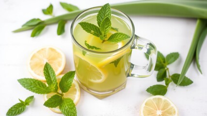 Aloe vera juice and lemon juice, lemonade with lemon and mint