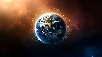 Obraz premium The image shows planet Earth in space, with a network of glowing lines connecting points around it, set against a backdrop of nebulae in shades of orange and blue.