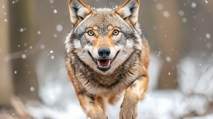 Red Wolf Running Through Snowy Forest