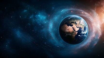 Obraz premium A detailed image of planet Earth, prominently featured, is encircled by a swirling nebula of vibrant blues, reds, and oranges against a backdrop of a deep space filled with countless stars.