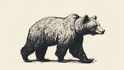 Hand Drawn Vintage Bear Illustration, Retro Ink Engraving Style on Beige Background