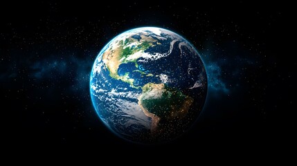 Fototapeta premium The image shows a detailed view of planet Earth from space, centered on the Americas, with city lights visible at night, set against a backdrop of stars and dark nebulae.