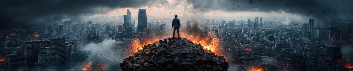 Man Standing on Mountain of Debris Overlooking Destruction and Chaos