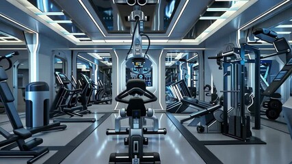 The gym showcases an array of workout machines, including treadmills and weight stations, arranged in a well-lit, modern space designed for fitness enthusiasts. - Powered by Adobe