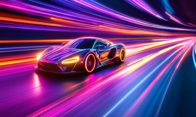 Futuristic Sports Car On Neon Highway. Powerful acceleration of a supercar with colorful lights trails. generative AI
