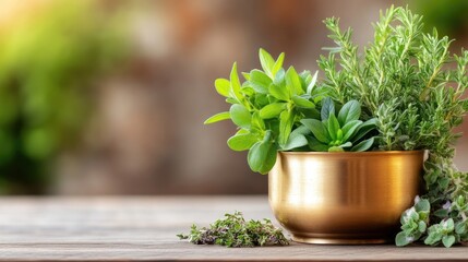 Fresh herbs in a gold bowl on a wooden table