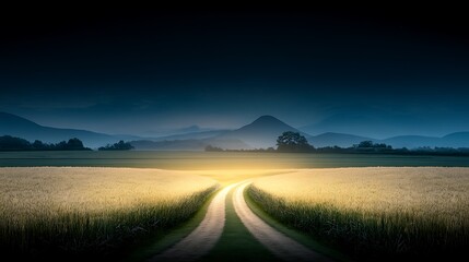 Obraz premium Rural Road Fork at Dusk.