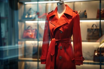 Elegant Red Trench Coat Displayed in Fashion Boutique Window