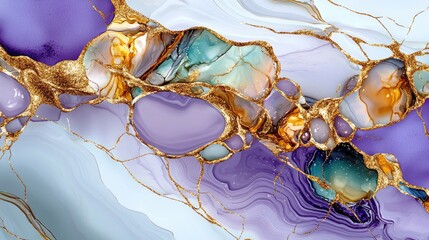 Naklejka premium Abstract watercolor marble design in soft lavender and periwinkle with delicate gold veins and fluid patterns.