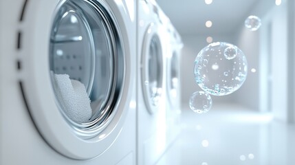 Interior with washing machine and soap bubbles, realistic automatic washing machine with a front loading with blue soup bubbles,Realistic illustration,Home appliance concept.