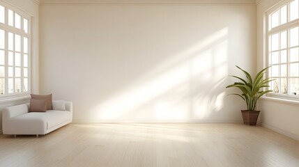 Sunlit Modern Living Room Interior Design with White Sofa and Plant