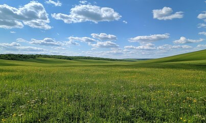 Fototapeta premium Green grass field on small hills and blue sky with clouds. Summer spring landscape background. Generative AI
