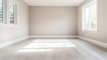 Obraz premium Sunlit Empty Room with Hardwood Floor Neutral Walls Large Windows Modern Home Interior
