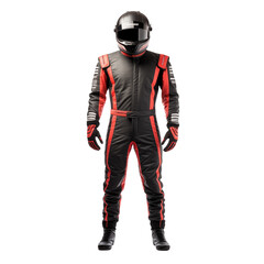 Racer in black and red suit with helmet standing centered - obrazy, fototapety, plakaty