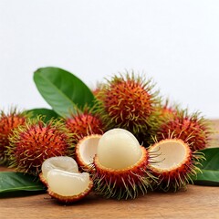 Fresh Rambutan with green leaves isolated on white background