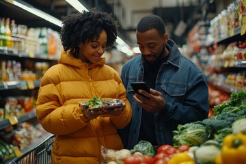 Looking for sales. Couple buying food doing grocery shopping together, using cellphone app while walking with cart in supermarket