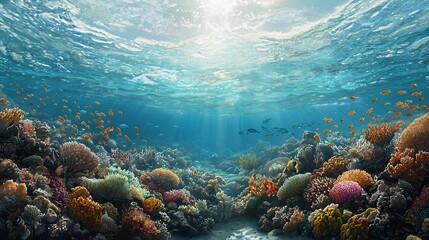 Fototapeta premium Sunlit Underwater Coral Reef with Colorful Fish