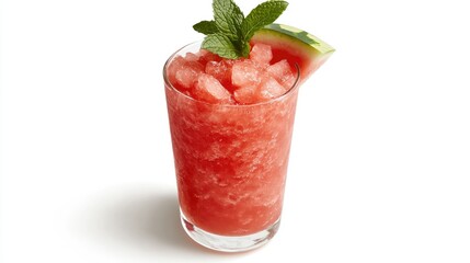 Cool Watermelon Bliss  A Refreshing Slushy Garnished with Mint Leaves isolated on white background