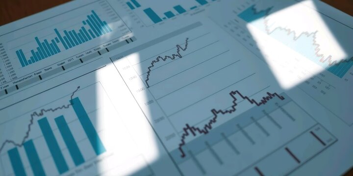 Corporate Performance Graphs Under Soft Light. A close-up view of printed financial charts and graphs on a desk