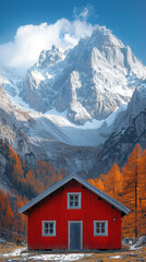 Fototapeta premium Red Cabin in Front of Snow-Capped Mountains