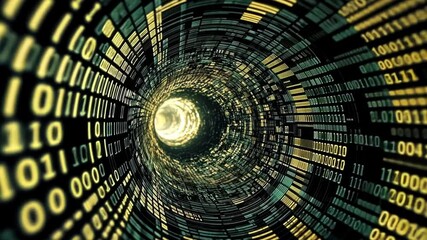 A dark tunnel of pulsating data streams emerges with fragmented binary codes tered across the surface. The interplay of light and shadow highlights the ethereal quality of encrypted