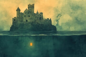 Submerged Castle Mystery Island Fortress with Dark Sea, and Fantasy.