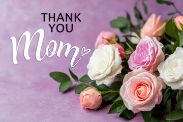 Elegant Roses Arrangement with Thank You Mom Greeting on Soft Purple Background
