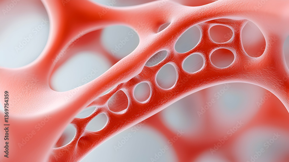 Fototapete red organic network structure: abstract 3d render of porous cellular mesh